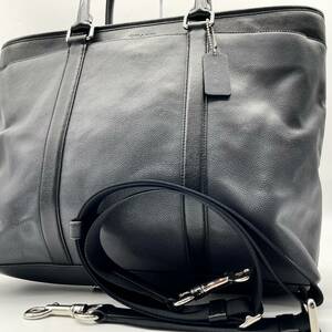 極美品/A4収納★ COACH コーチ メンズ 2way トートバッグ ビジネス 肩がけ レザー 本革 かばん 書類鞄 ブラック グレー ショルダーバッグ