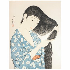 【SHIN】橋口五葉「髪梳ける女（『女六題』より）」 手摺木版画 希少品 美人画 悠々洞出版　限定750部