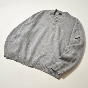 ★レアデザイン 刺繍ロゴ パパス Papas ヘンリーネック メランジ ネップ シルクブレンド ウール ニット セーター L ブルー メンズ お洒落★