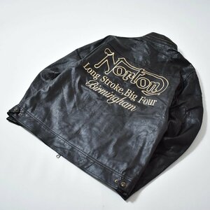 ★レアデザインデカロゴ セミデコ ノートン NORTON 刺繍デザイン エコ レザー ライダース ジャケット XL ブラック モーターサイクル 合皮★