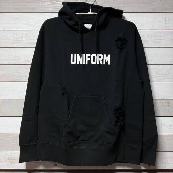 SIZE 2 UNIFORM EXPERIMENT DAMAGE HOODIE BLACK UE ユニフォーム エクスペリメント ダメージ フーディー パーカー ブラック