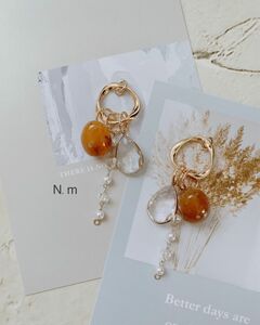 sale【No.40】《ハンドメイドピアス/イヤリング》ブラウンマーブルビーズのジャラっとピアス/イヤリング