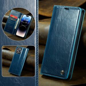 9H強化ガラスフィルム付き iPhone 15 レザーケース アイフォン15 ケース iPhone15 カバー 6.1インチ 手帳型 カード収納 ブルー