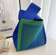 バイカラー　ニットバッグ　青×緑　ミニトート　ハンドバッグ　プレゼント　韓国 幾何学模様　ブルー　グリーン　_画像7