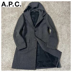 定価¥75.000〜【美品】A.P.C.(アーペーセー)ヘリンボーンフーデッドロングコート/フランス製/グレー/美シルエット/オンオフ兼用/Mサイズ