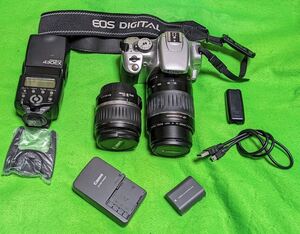 【中古・送料無料】CANON EOS Kiss Digital X ■レンズ２本■　EF-S18-55ⅡU EF55-200Ⅱ 430EX　純正ソフトケース