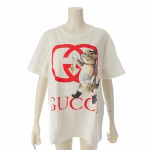 【グッチ】Gucci　Higuchi Yoko ロゴ キャット プリント 半袖 Tシャツ 615044 ホワイト×レッド S 【中古】【正規品保証】193864
