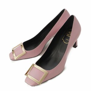 【ロジェヴィヴィエ】Roger Vivier スクエアバックル パテント レザー ヒール パンプス ピンク 37 1/2 未使用【中古】190254