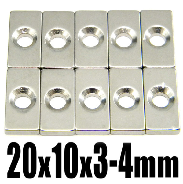 ★ 穴あき ネオジム 磁石 N35 超強力 角形マグネット ★ 20mm×10mm x 厚み3mm 皿穴4mm 【10個セット】