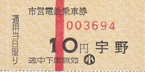 玉野市営(廃止市電)手売り半硬券変型金額式乗車券宇野日付不明