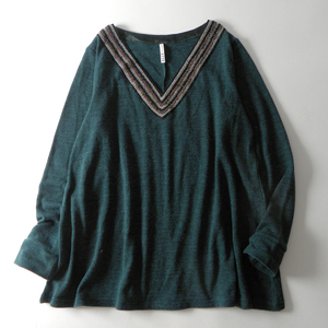  L ELLE accessory necessary ... brilliant design biju- equipment ornament V neck tops pull over long sleeve lavatory possible green l1101-1