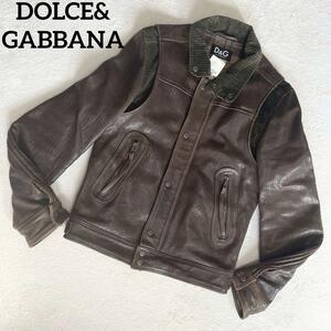 R-455 DOLCE&GABBANA ドルチェアンドガッバーナ D&G ITTIERRE レザージャケット ライダース メンズ XSサイズ ブラウン チェック ウール