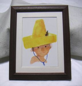 いわさきちひろ「黄色い帽子の少年」オフセット・木製額付・即決