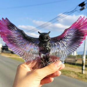 ◆【黒×ピンク】羽 アウル 飾り物 レジン 大羽 壁飾り フクロウ