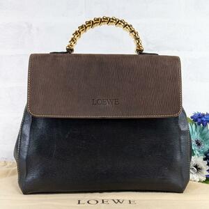 美品☆LOEWE　ロエベ　ハンドバッグ　ベラスケス　ツイスト金具　バイカラー アナグラム　レザー　黒　ブラック　茶色　ブラウン