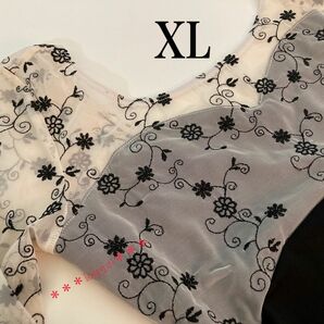 刺繍5部袖レオタード　ブラック　XLサイズ R41B-XL