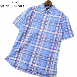 vital MONSIEUR NICOLE ムッシュ ニコル 春夏★ 半袖 ボタンダウン チェック シャツ Sz.46　メンズ　A2T07792_7#A