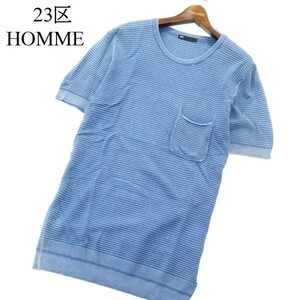 23区 HOMME オム 春夏 ウォッシュ加工★ 半袖 ポケット コットン ニット カットソー Tシャツ Sz.46　メンズ ネイビー　A2T04147_4#J