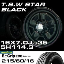 スター 16インチ タイヤホイールセット 4本 TSW STAR ブラック 16X7J+35 5穴114.3 GOODYEAR E-GRIP EG01 215/60R16_画像2