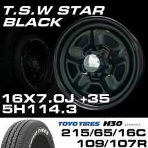 スター 16インチ タイヤホイールセット 4本 TSW STAR ブラック 16X7J+35 5穴114.3 TOYO H30 ホワイトレター 215/65R16C_画像2