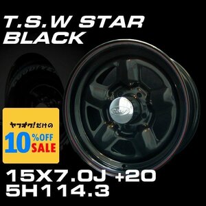 スター 15インチ ホイールセット 4本 TSW STAR ブラック 15X7J+20 5穴 114.3（100系ハイエース Y30 ハイラックス 130クラウン）