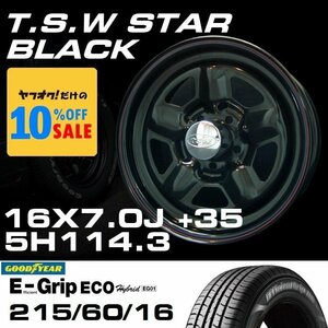 スター 16インチ タイヤホイールセット 4本 TSW STAR ブラック 16X7J+35 5穴114.3 GOODYEAR E-GRIP EG01 215/60R16