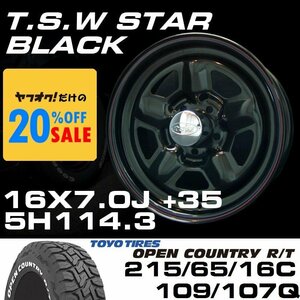 特価 TSW STAR ブラック 16X7J+35 5穴114.3 TOYO OPEN COUNTRY R/T ホワイトレター 215/65R16C 4本セット (ハイエース/ハイラックス)