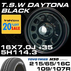 特価 TSW DAYTONA ブラック 16X7J+35 5穴114.3 TOYO H30 ホワイトレター 215/65R16C 4本セット (ハイエース100系/152系ハイラックス)