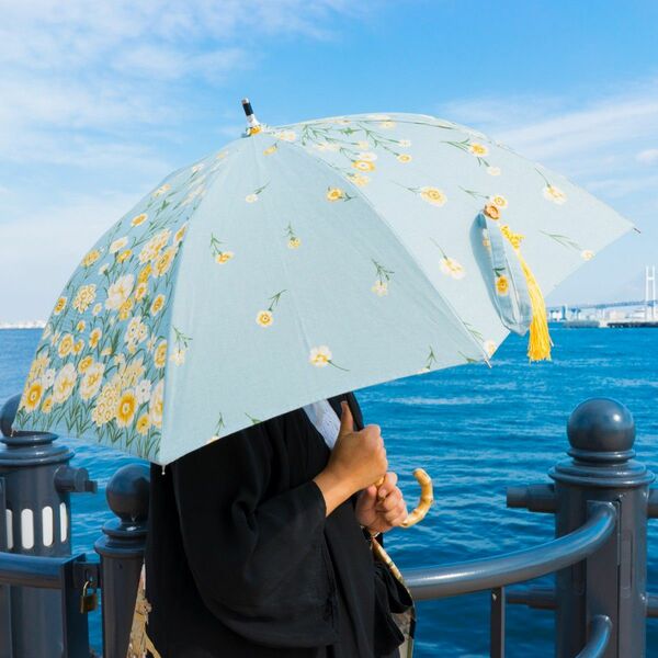 《SALE》23 日傘 長傘 女性用 花柄 moment 綿麻 ハンドメイド ブルー タッセル付き ワンタッチオープン傘