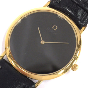 1円 オメガ 腕時計 デビル Deville ラウンド 英字ロゴ 黒文字盤 ゴールドカラー 2針 クォーツ メンズ 社外ベルト