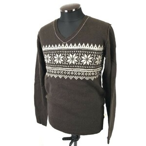 タグ付新古品☆on board/丸井☆ウール100%/長袖セーター【メンズM/茶/brown】Vネック/ノルディック柄/sweater◇cBH352