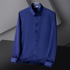 P285-M 新品DCKMANY■シルク混 長袖シャツ メンズ ノーアイロン 形態安定 ドレスシャツ ワイシャツ 無地 ビジネス シャツ/ネイビーの画像1