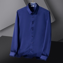 P285-3XL 新品DCKMANY■シルク混 長袖シャツ メンズ ノーアイロン 形態安定 ドレスシャツ ワイシャツ 無地 ビジネス シャツ/ネイビー_画像1