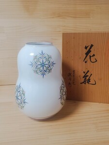 深川製磁 瓢箪型 染錦花文 花瓶 21cm 共箱 / 有田焼 柿右衛門様式 花器 花入★02K-64