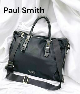 【】ポールスミス　Paul Smith ビジネスバッグ レザー ショルダーバッグ トートバッグ ハンドバッグ ブラック 2WAY ナイロン 黒 