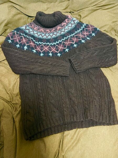 ビンテージ ニット タートルネック ノルディック ミドルゲージ セーター 雪柄 ウール