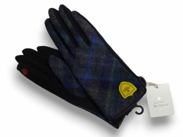 ヴィヴィアンウエストウッド Vivienne Westwood 手袋 毛100％ タッチパネル対応 チェック柄 羊革使用 ハート ブルー 青 日本製 21~22cm