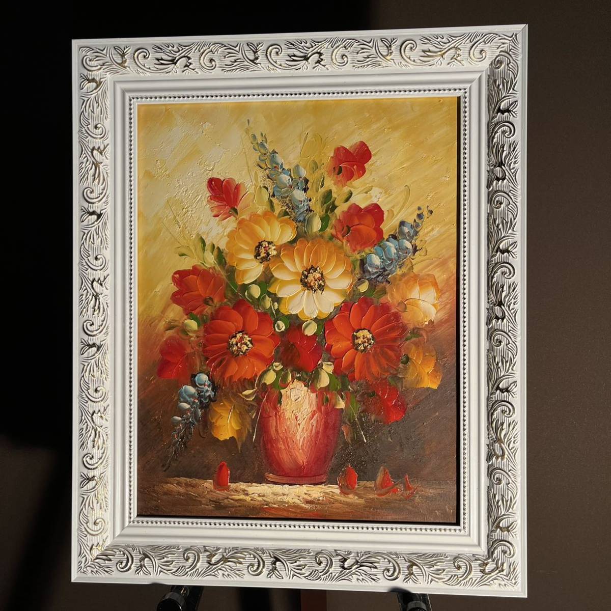 Cuadro al óleo pintado a mano de flores en un jarrón., enmarcado, arte interior, pintura al óleo, Cuadro, Pintura al óleo, Naturaleza muerta