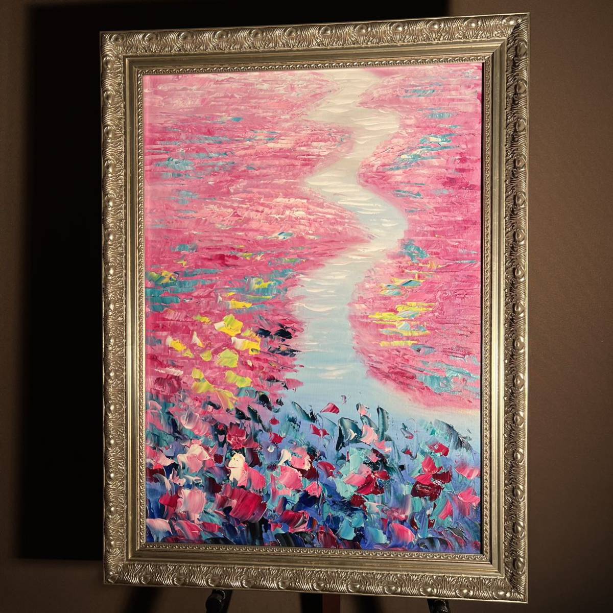 手書き油絵 色づく睡蓮の池 絵画 額付き インテリア 油彩画, 絵画, 油彩, 自然, 風景画