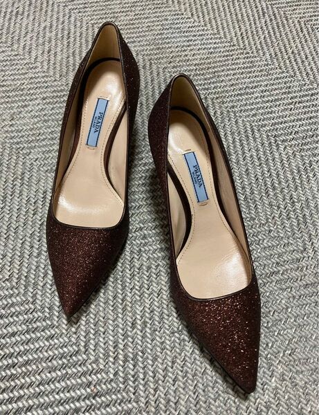 【新品】青タグ PRADA プラダ ラメ入りパンプス イタリア製 ボルドー系