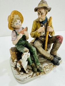 【K】陶器人形 老人とスイカを食べる少年 陶器 置物 【K】1123-014(8)