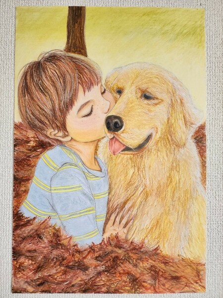 パステル画　少年と犬