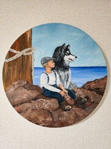 油絵　少年と犬　円型キャンバス