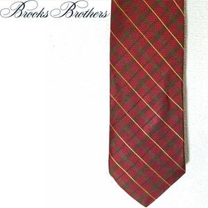 送料300円~Brooks Brothers MAKERSチェック柄シルク ネクタイ エンジ×グリーン×イエロー絹メーカーズUSA製レッド赤ブルックス ブラザーズ