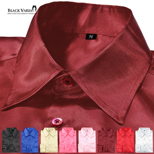 ネコポス可★141405-re BLACK VARIA 光沢サテン 無地 スリム レギュラーカラードレスシャツ メンズ(ワインレッド赤) S 衣装