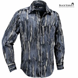 231903-bksi BLACK VARIA サテンシャツ フロッキープリント ラメプリント ドレスシャツ レギュラーカラー メンズ(ブラック黒シルバー銀) M