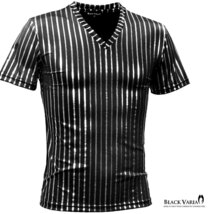 183705-bksi BLACK VARIA 箔ストライプ シルバー メタル光沢 ストレッチ 半袖VネックTシャツ メンズ(ブラック黒×銀) 3L お洒落インナー_画像2