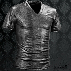 193803-bk ブラックバリア クロコダイル 半袖 Tシャツ Vネック 箔プリント ストレッチ スリム メンズ(黒シルバー銀) M 日本製 モード