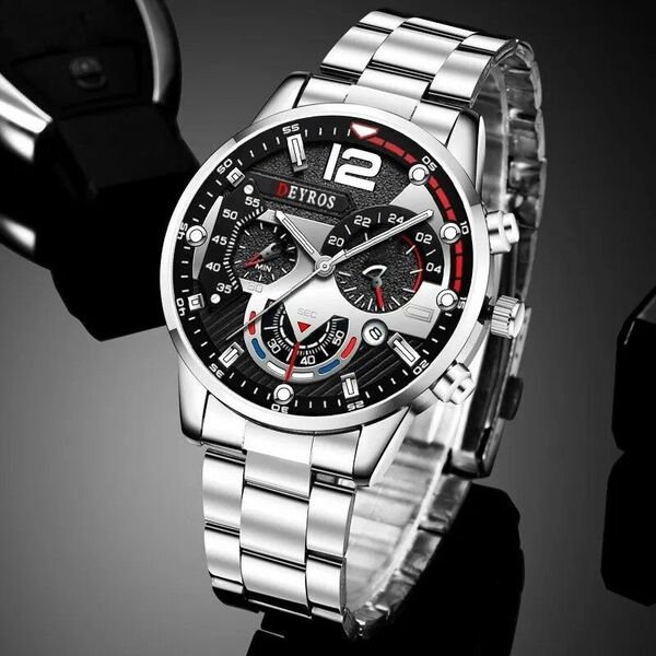メンズ腕時計 新品未使用 アナログ DEYROS ファッション クォーツ ウォッチ 腕時計 シルバー&ブラック
