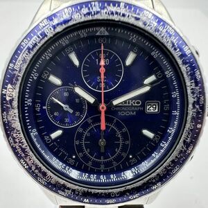 K133-U20-1933 ◎ SEIKO セイコー 7T92-0CF0 クォーツ デイト クロノグラフ 100m アナログ 青文字盤 メンズ 腕時計 約41mm ①